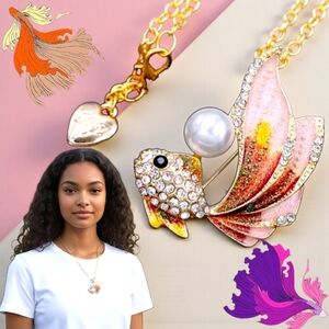Gold pink red and white crystal pearl goldfish/betta Necklace/brooch